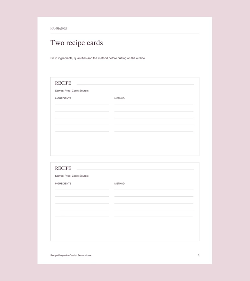 Actual printable page from Recipe Keepsake Cards